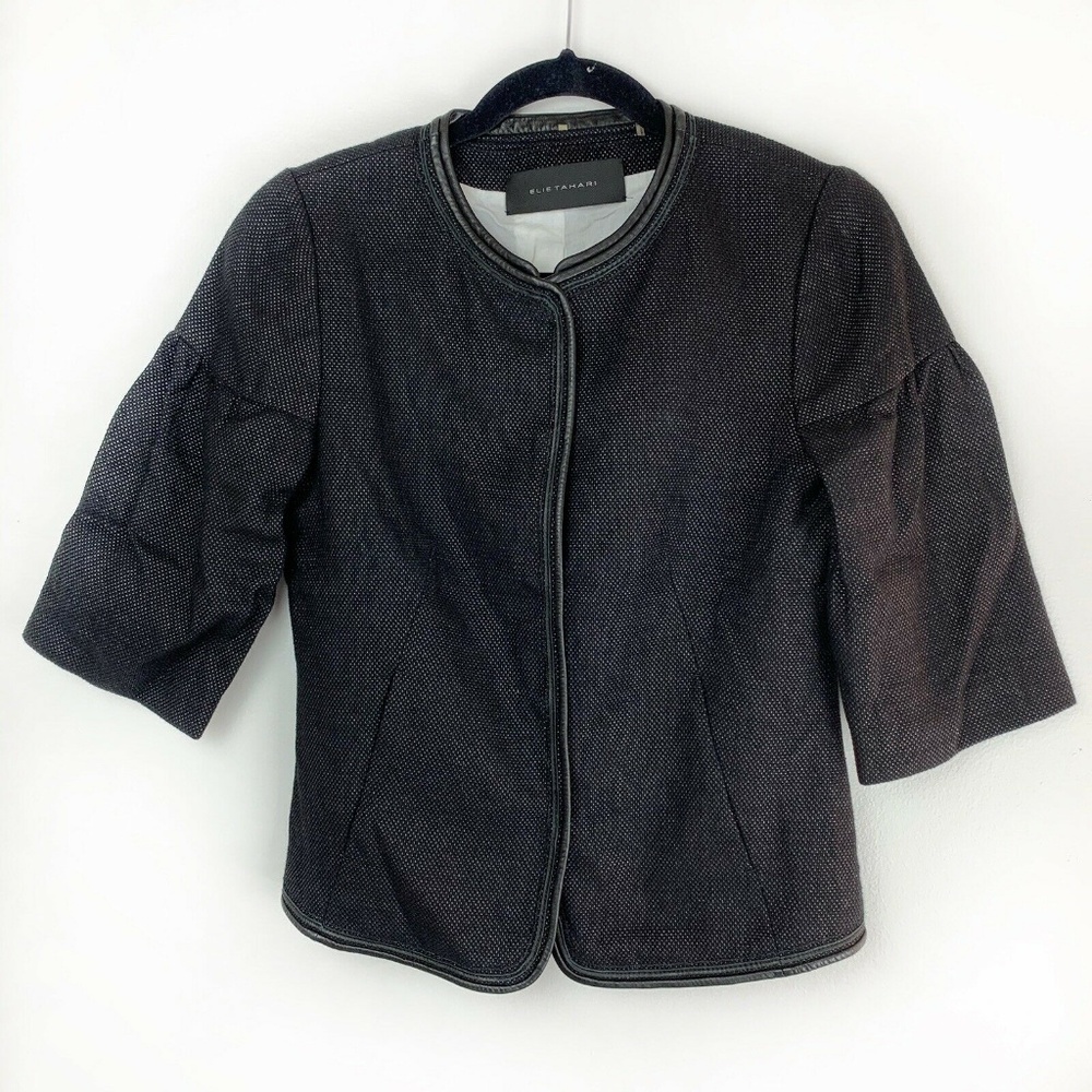 Elie Tahari Black Cotton Leather Trim Jacket